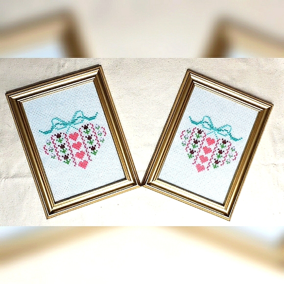 Handmade Cross Stitched Heart Picture Set NWT - Picture 1 of 2